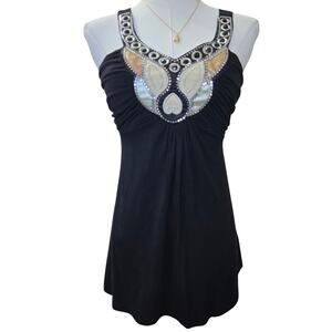 Paradis Miss Womens Vtg 90s Y2K Rhinestone Babydoll Halter Top Ruched Beaded M